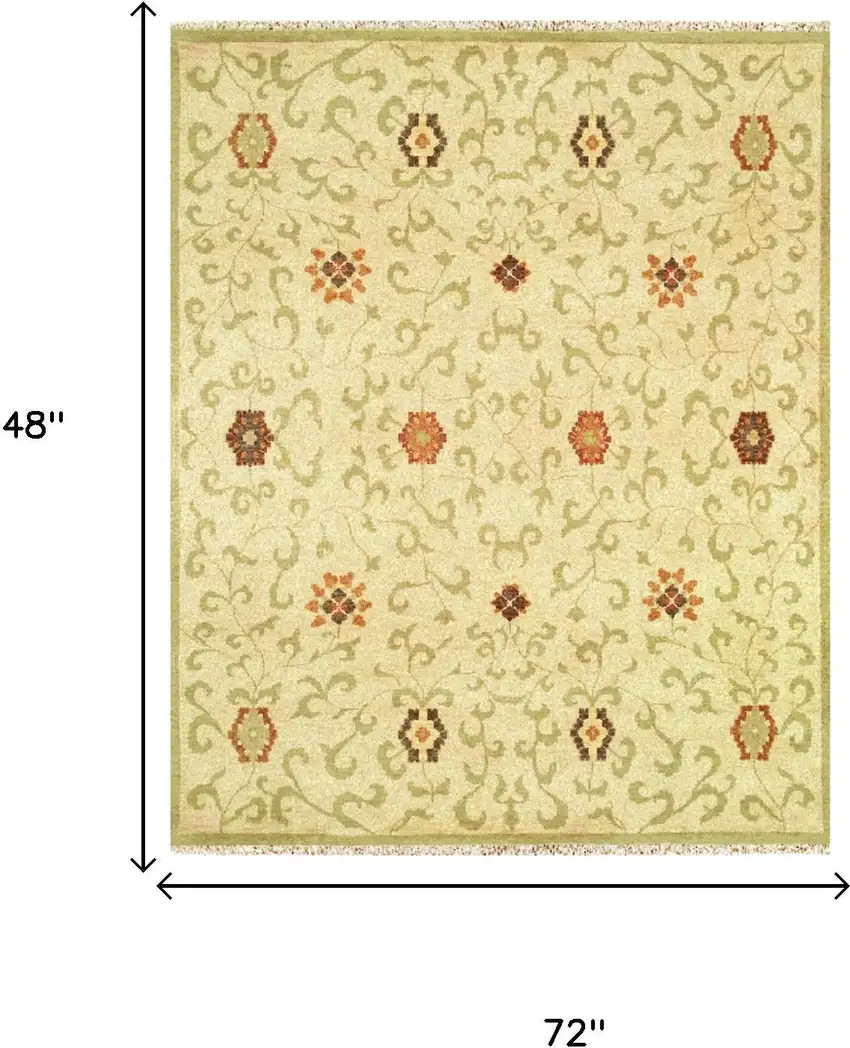 Tan Green And Orange Wool Floral Hand Knotted Area Rug With Fringe Photo 5