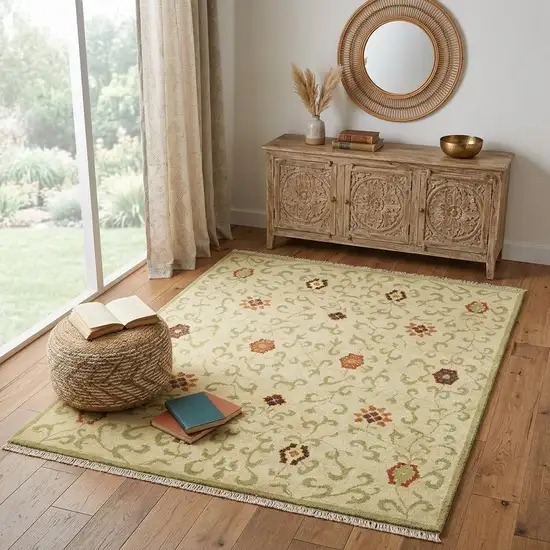 Tan Green And Orange Wool Floral Hand Knotted Area Rug With Fringe Photo 1