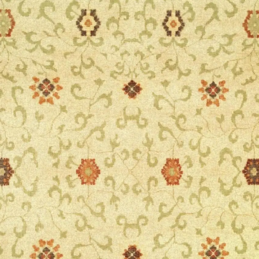Tan Green And Orange Wool Floral Hand Knotted Area Rug With Fringe Photo 3