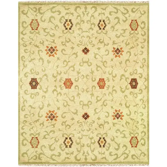 Tan Green And Orange Wool Floral Hand Knotted Area Rug With Fringe Photo 2