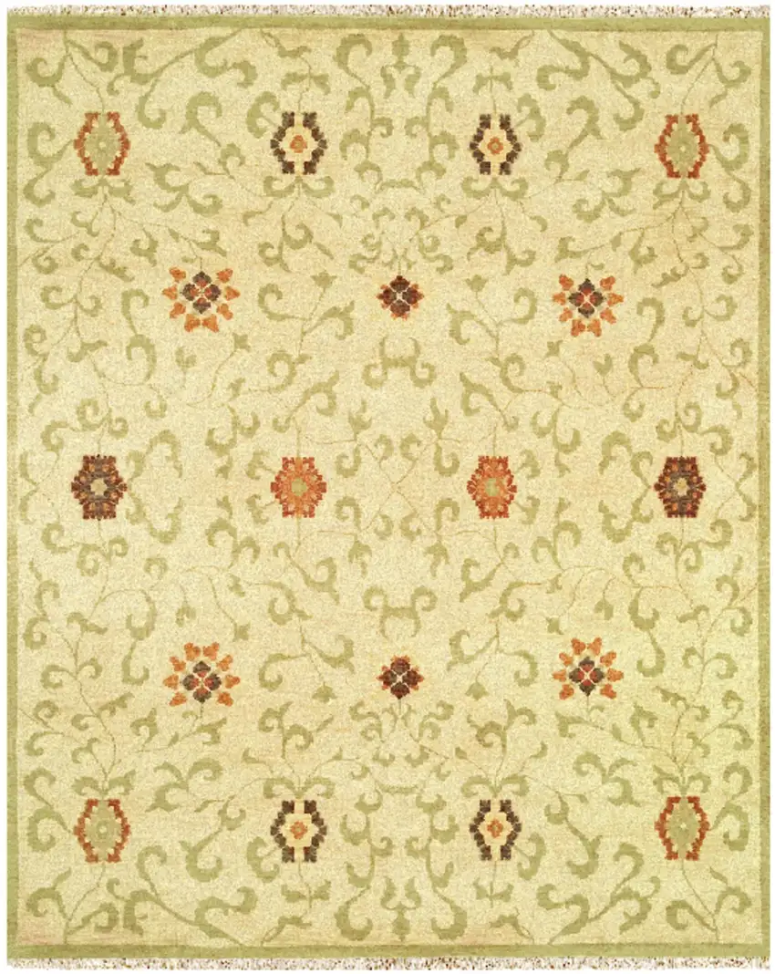 Tan Green And Orange Wool Floral Hand Knotted Area Rug With Fringe Photo 2
