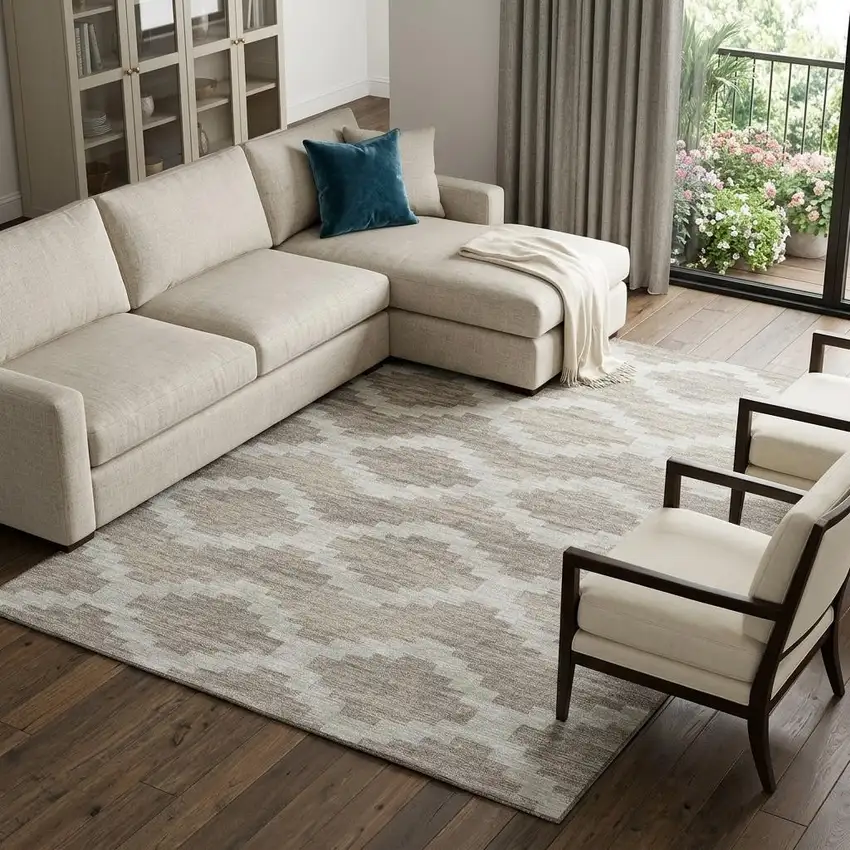 Tan Ivory And Beige Tribal Washable Area Rug With UV Protection Photo 1