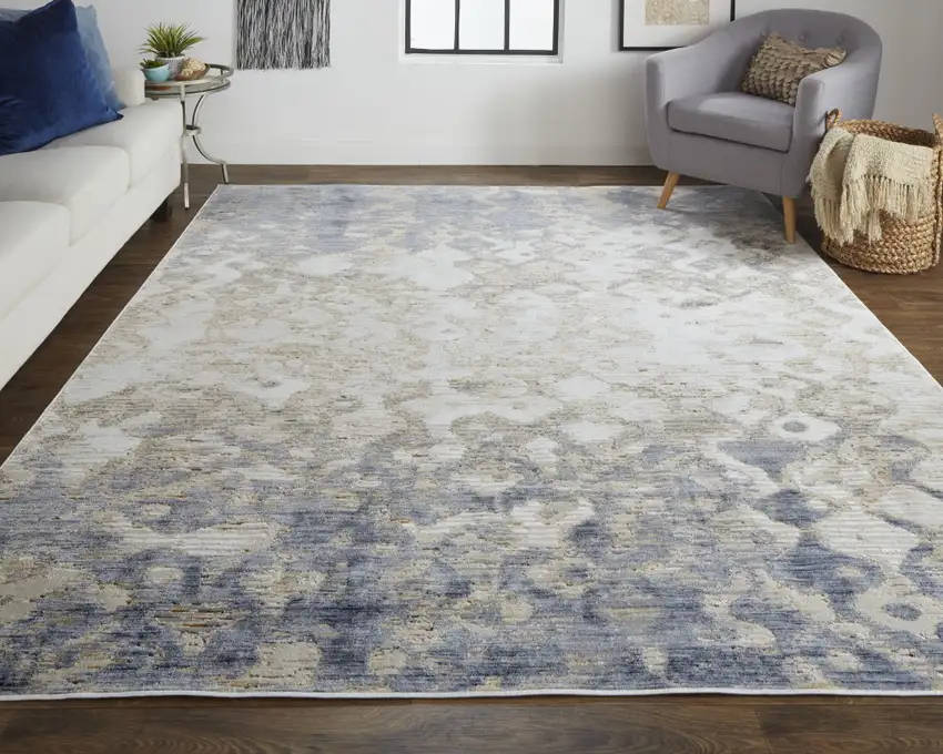 Ivory Tan And Blue Abstract Distressed Area Rug Photo 6