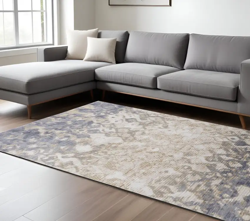 Tan and Ivory Abstract Power Loom Distressed Non Skid Area Rug Photo 1