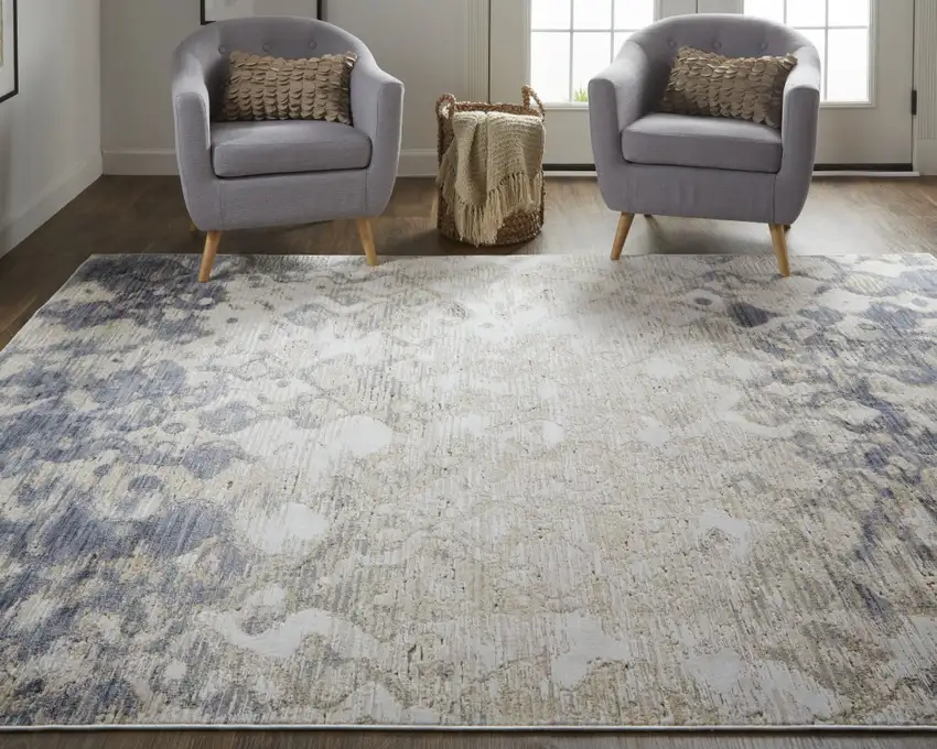 Tan Ivory And Blue Abstract Power Loom Distressed Area Rug Photo 7