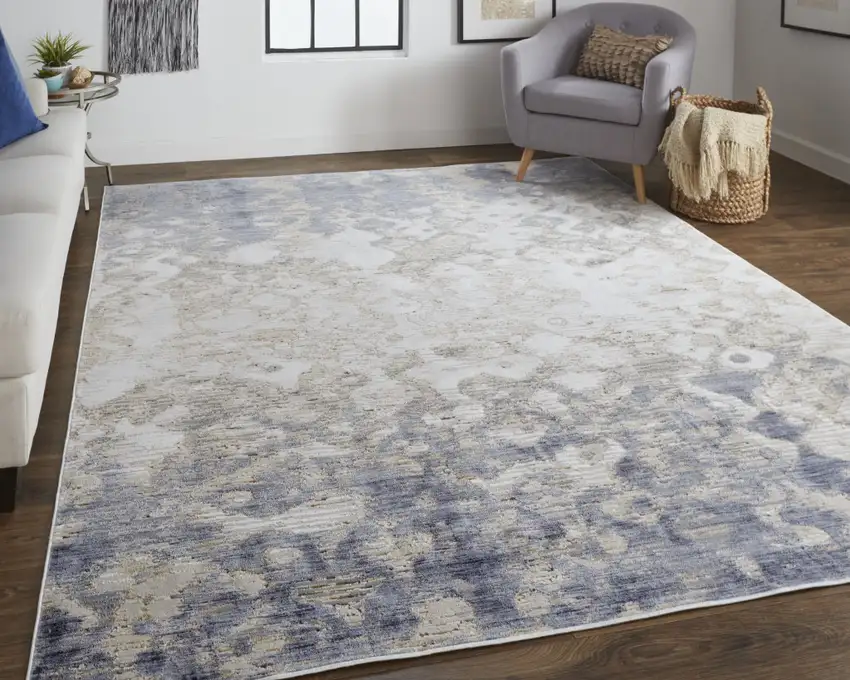 Tan Ivory And Blue Abstract Power Loom Distressed Area Rug Photo 6