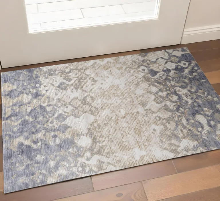 Tan Ivory And Blue Abstract Power Loom Distressed Area Rug Photo 3