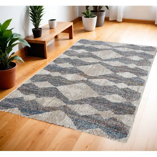 Tan Ivory And Blue Chevron Power Loom Stain Resistant Area Rug Photo 1