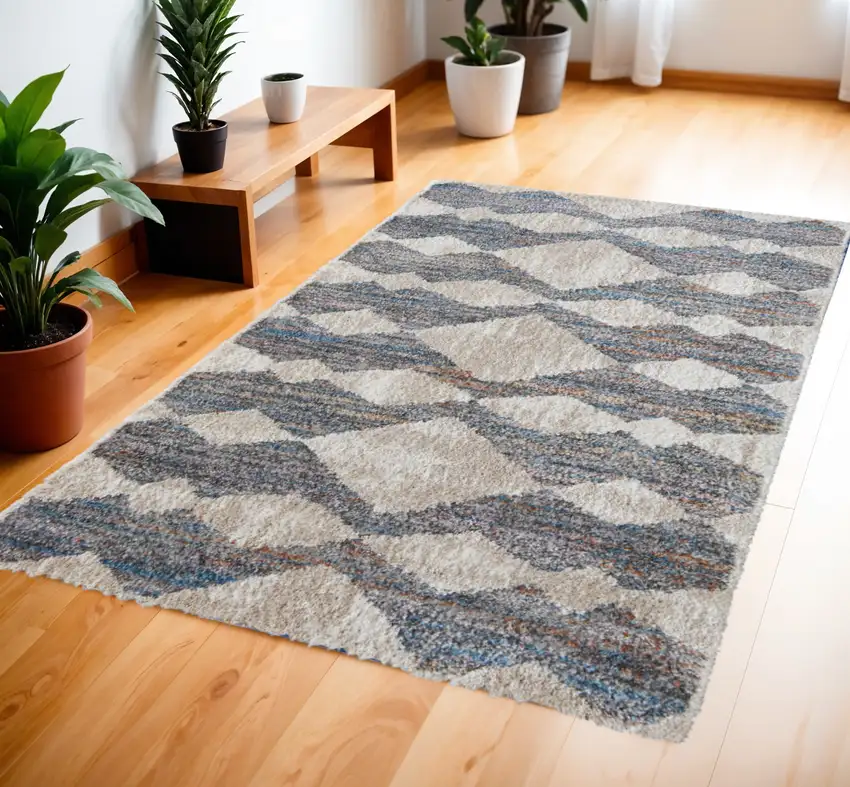 Tan Ivory And Blue Chevron Power Loom Stain Resistant Area Rug Photo 1