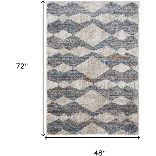 Tan Ivory And Blue Chevron Power Loom Stain Resistant Area Rug Photo 3