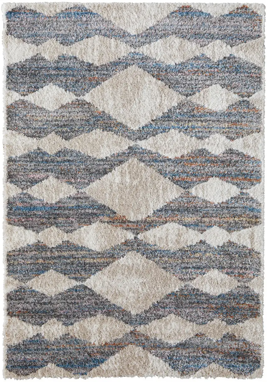 Tan Ivory And Blue Chevron Power Loom Stain Resistant Area Rug Photo 1