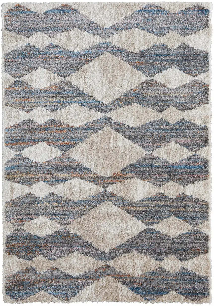 Tan Ivory And Blue Chevron Power Loom Stain Resistant Area Rug Photo 2
