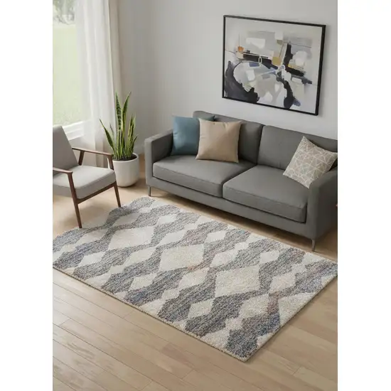 Tan Ivory And Blue Chevron Power Loom Stain Resistant Area Rug Photo 1