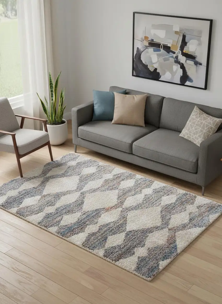 Tan Ivory And Blue Chevron Power Loom Stain Resistant Area Rug Photo 1