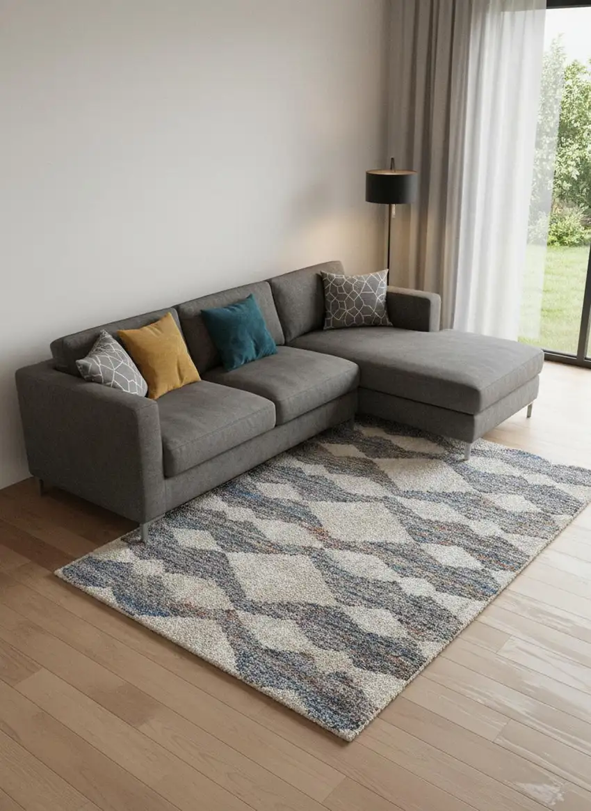 Tan Ivory And Blue Chevron Power Loom Stain Resistant Area Rug Photo 1