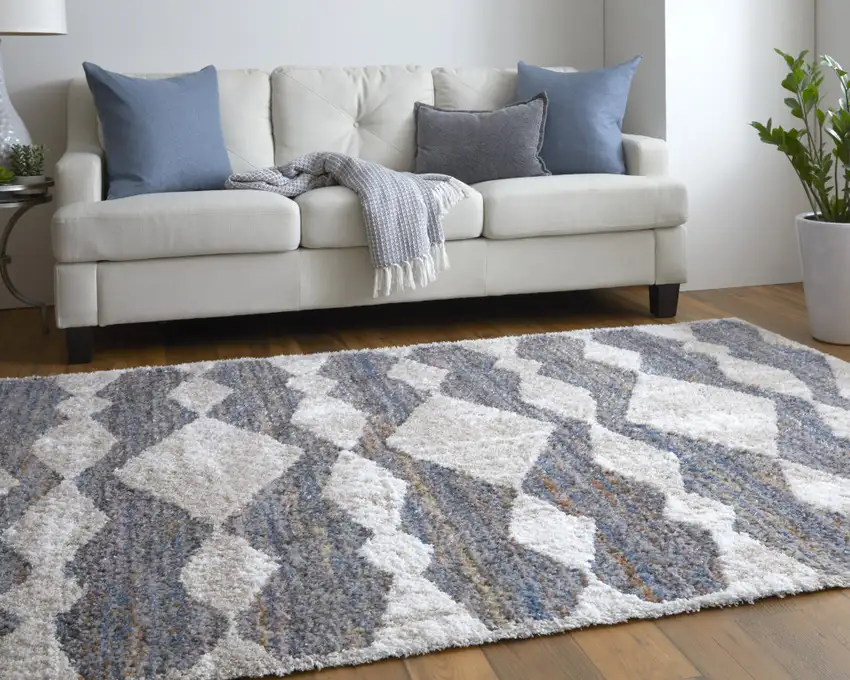 Tan Ivory And Blue Chevron Power Loom Stain Resistant Area Rug Photo 8