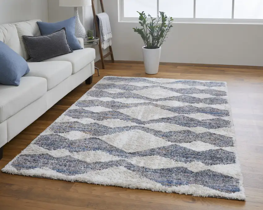 Tan Ivory And Blue Chevron Power Loom Stain Resistant Area Rug Photo 6
