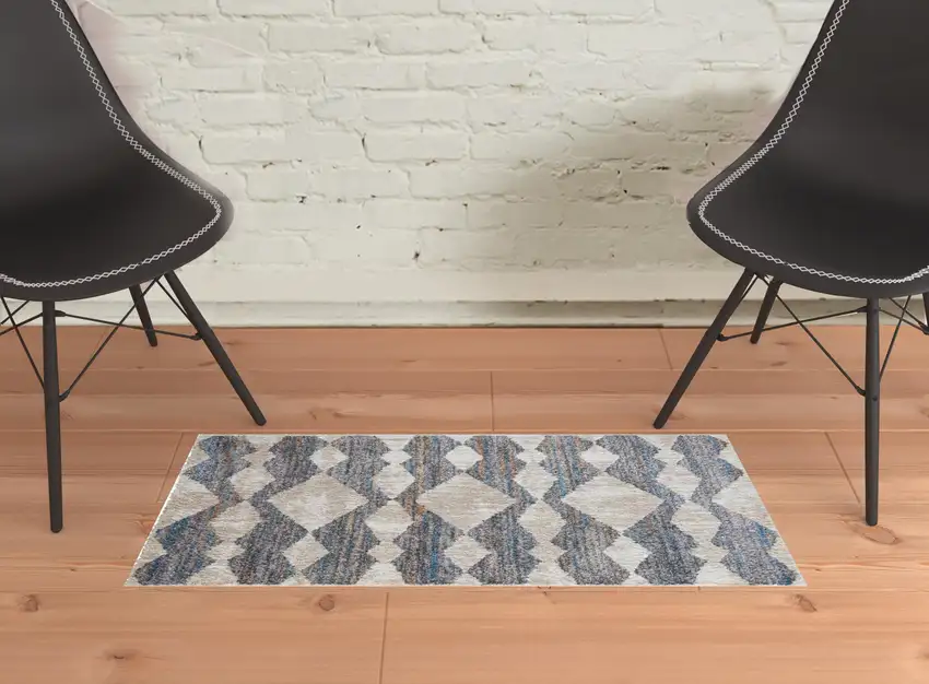 Tan Ivory And Blue Chevron Power Loom Stain Resistant Area Rug Photo 2