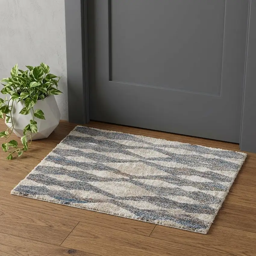 Tan Ivory And Blue Chevron Power Loom Stain Resistant Area Rug Photo 1