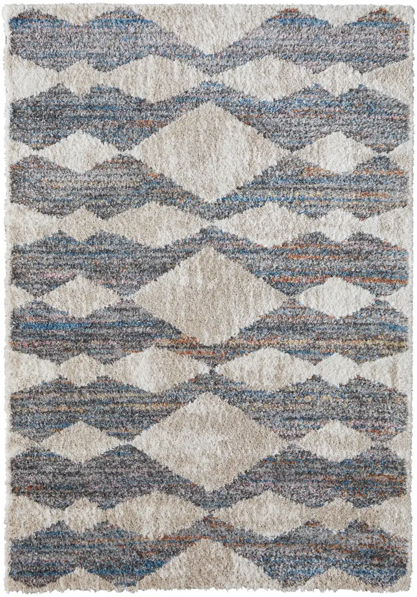 Tan Ivory And Blue Chevron Power Loom Stain Resistant Area Rug Photo 1