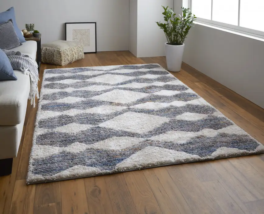 Tan Ivory And Blue Chevron Power Loom Stain Resistant Area Rug Photo 7