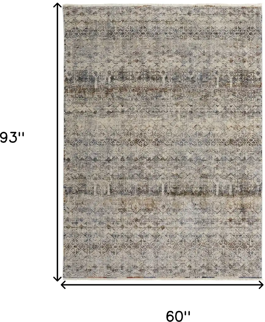 Tan Ivory And Blue Geometric Power Loom Distressed Area Rug With Fringe Photo 10