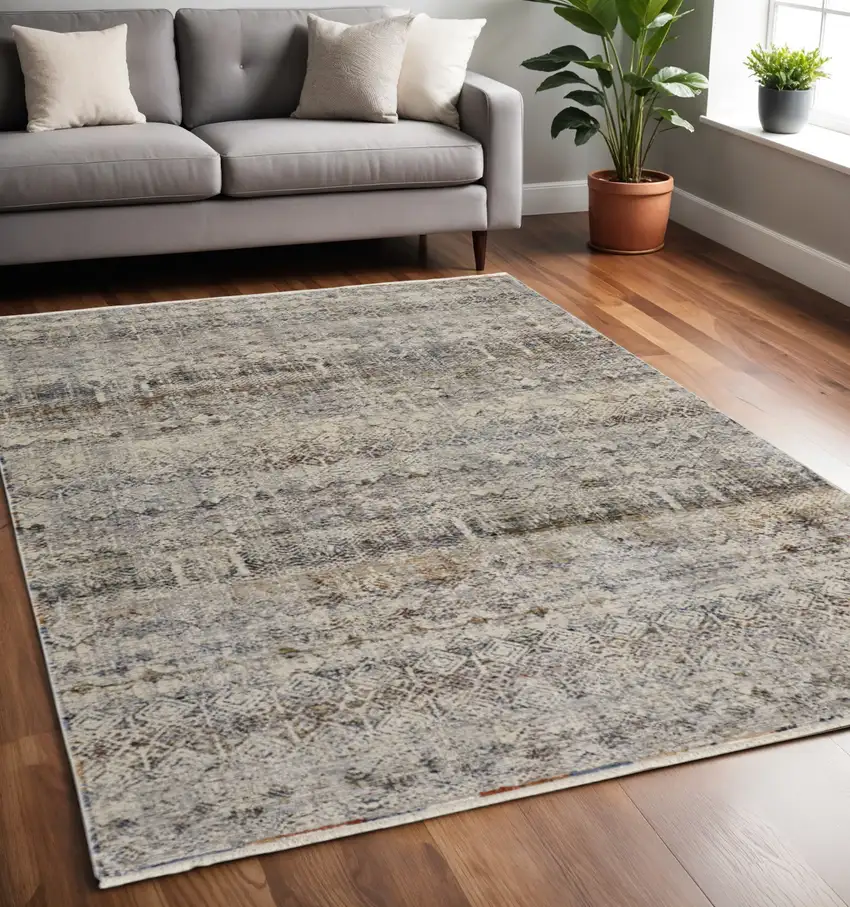 Tan and Ivory Geometric Power Loom Distressed Non Skid Area Rug With Fringe Photo 1
