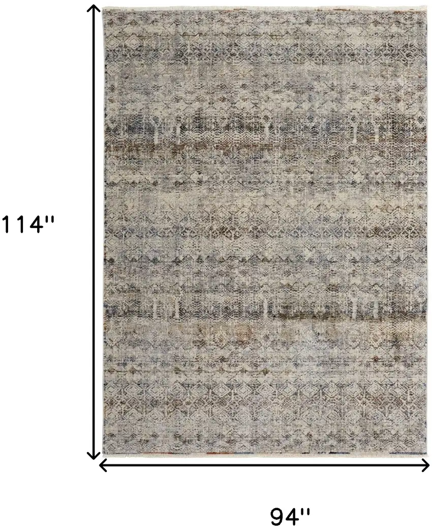 Tan Ivory And Blue Geometric Power Loom Distressed Area Rug With Fringe Photo 10
