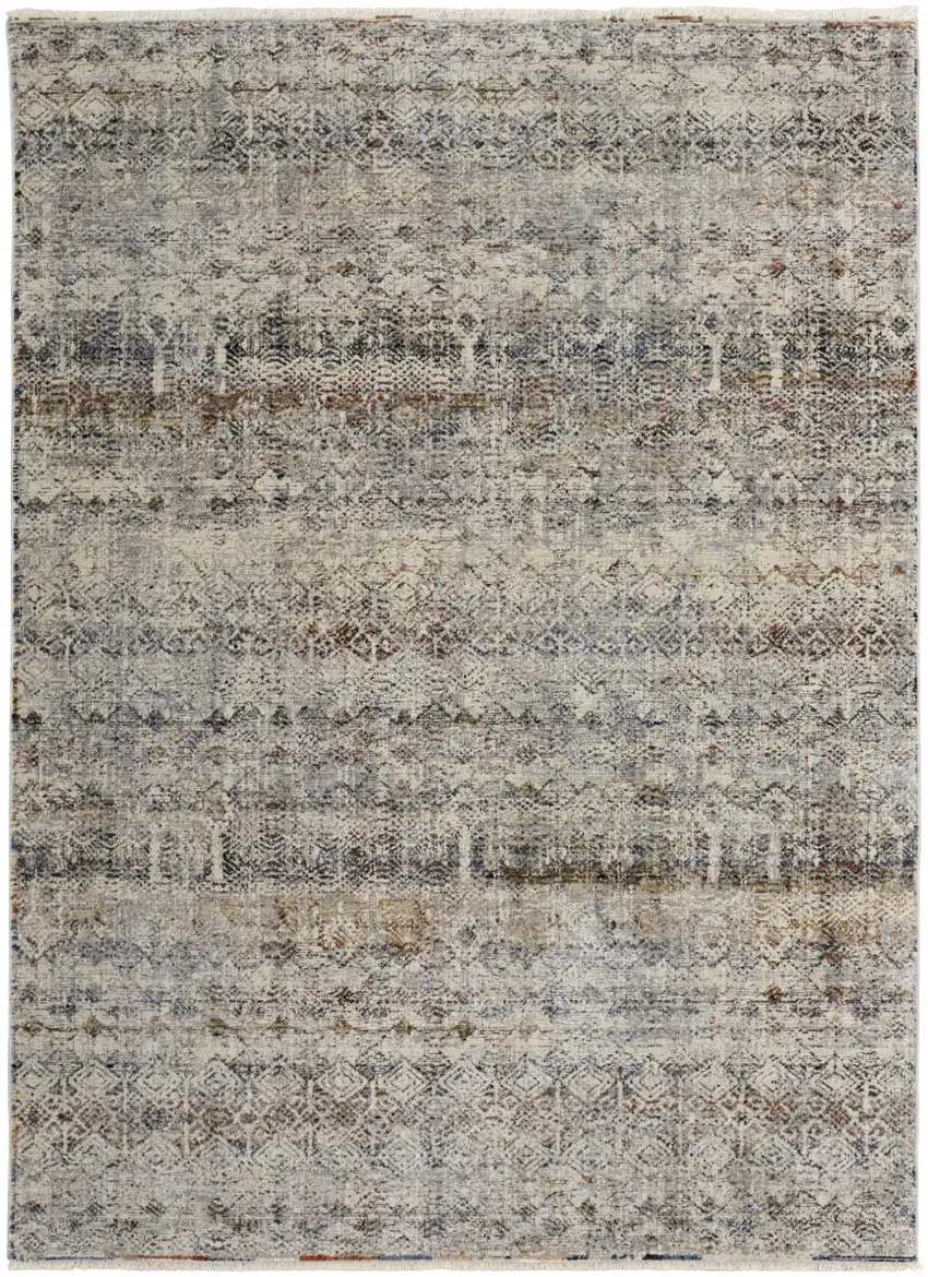 Tan Ivory And Blue Geometric Power Loom Distressed Area Rug With Fringe Photo 1