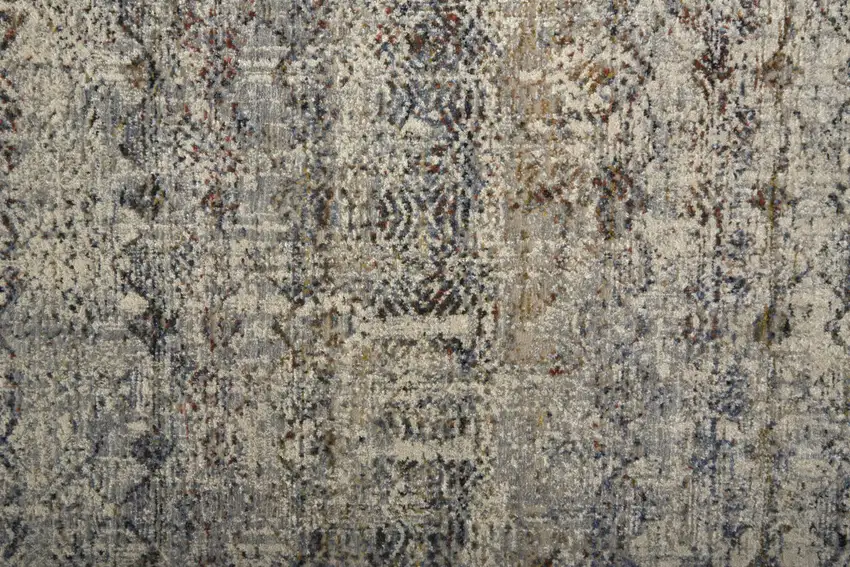 Tan Ivory And Blue Geometric Power Loom Distressed Area Rug With Fringe Photo 8