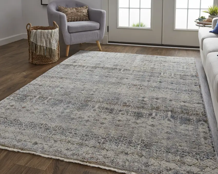 Tan Ivory And Blue Geometric Power Loom Distressed Area Rug With Fringe Photo 6
