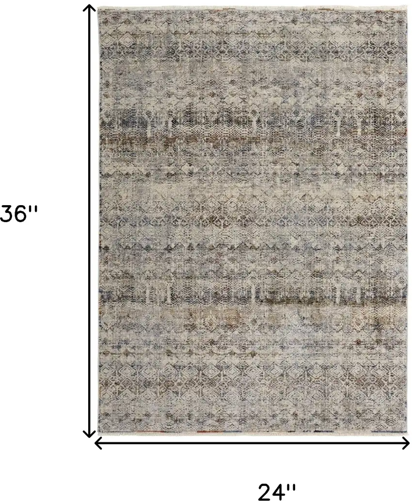 Tan Ivory And Blue Geometric Power Loom Distressed Area Rug With Fringe Photo 10
