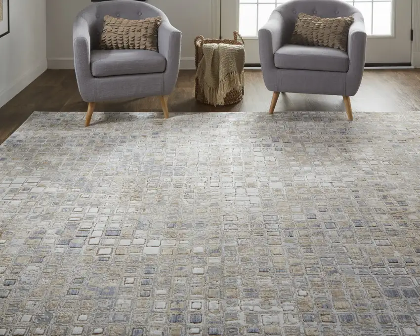 Tan Ivory And Blue Geometric Power Loom Distressed Area Rug Photo 9