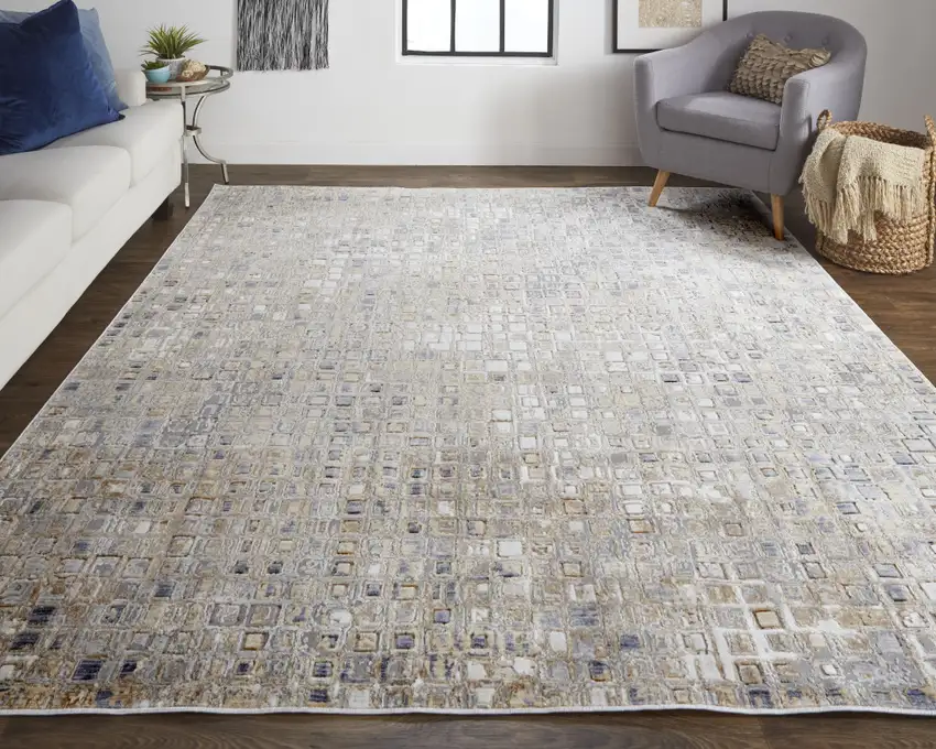 Tan Ivory And Blue Geometric Power Loom Distressed Area Rug Photo 7