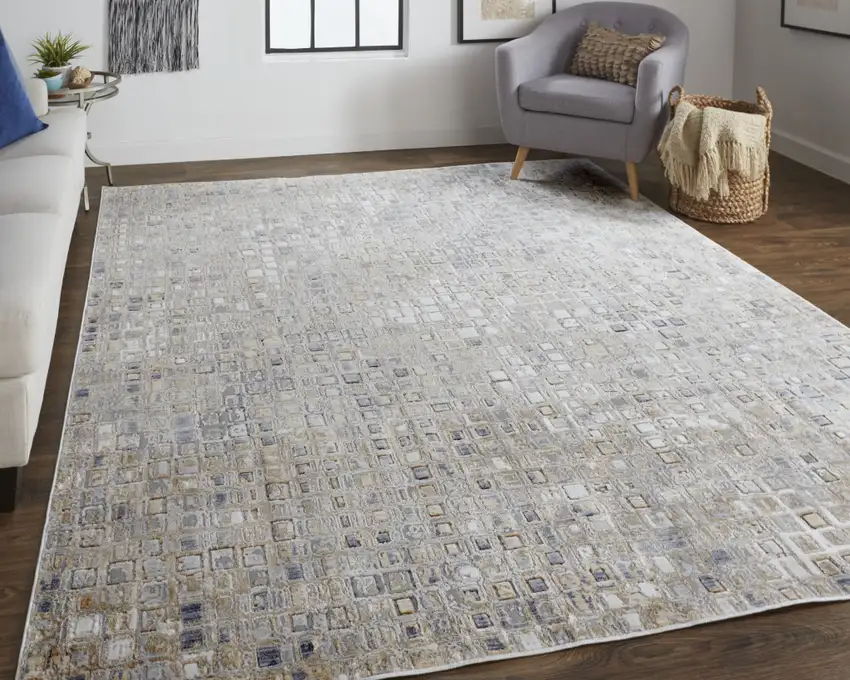 Tan Ivory And Blue Geometric Power Loom Distressed Area Rug Photo 8
