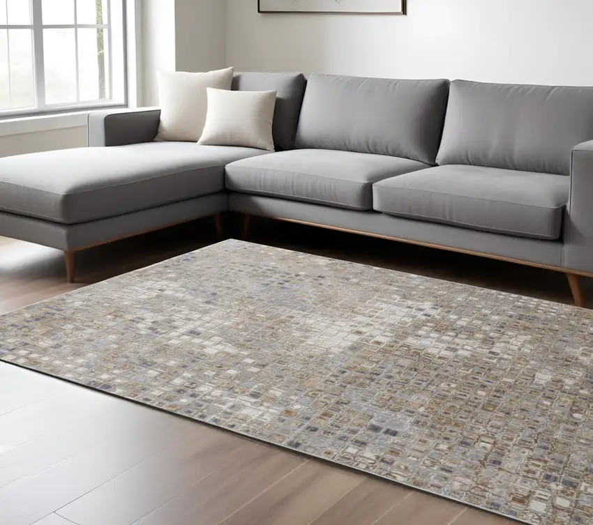 Tan Ivory And Blue Geometric Power Loom Distressed Area Rug Photo 1