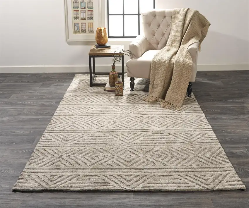 Tan Ivory And Brown Geometric Stain Resistant Area Rug Photo 7