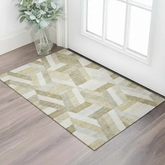 Tan Ivory And Brown Geometric Washable Area Rug With UV Protection Photo 2