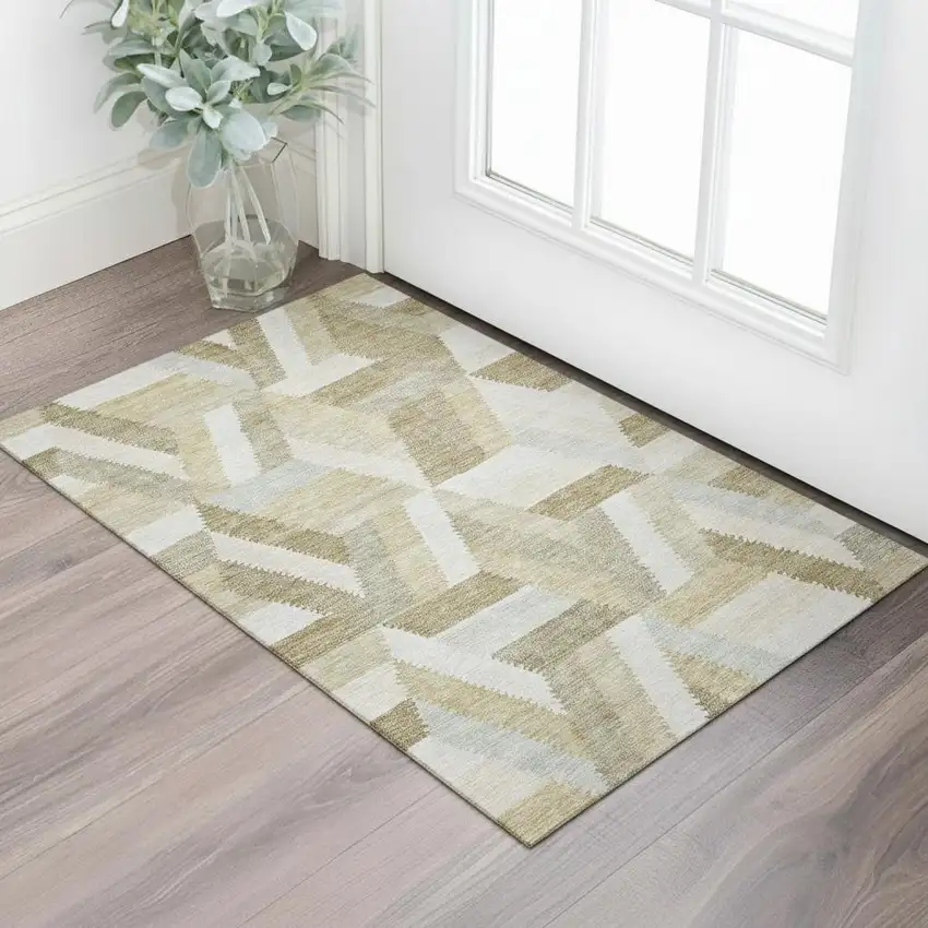 Tan Ivory And Brown Geometric Washable Area Rug With UV Protection Photo 2