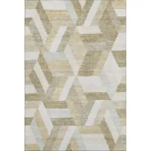 Photo of Tan Ivory And Brown Geometric Washable Area Rug With UV Protection