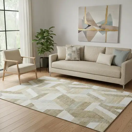 Tan Ivory And Brown Geometric Washable Area Rug With UV Protection Photo 2