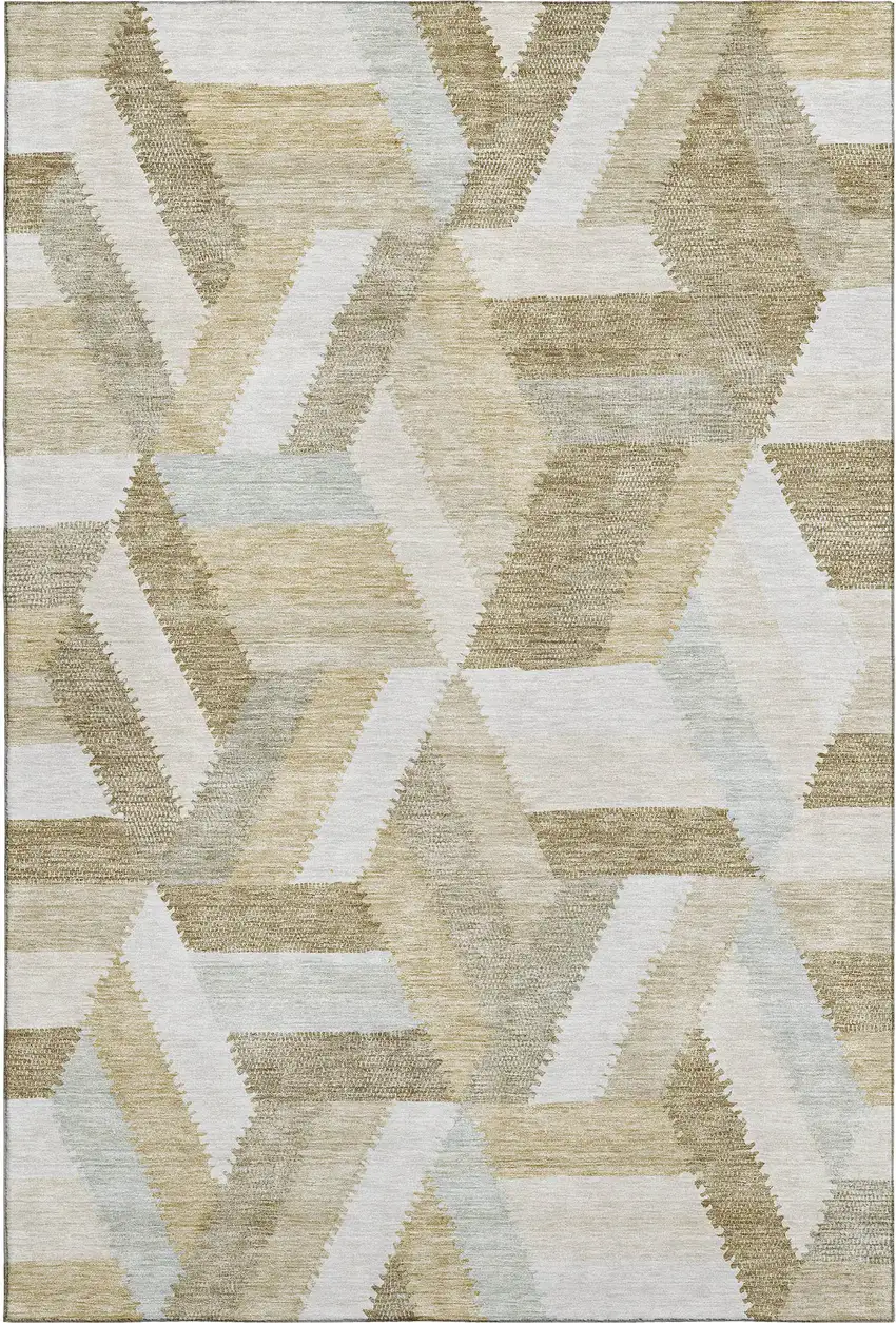 Tan Ivory And Brown Geometric Washable Area Rug With UV Protection Photo 1