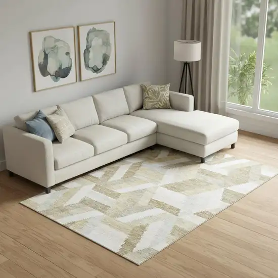 Tan Ivory And Brown Geometric Washable Area Rug With UV Protection Photo 2