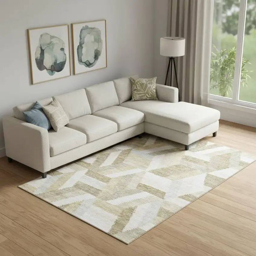 Tan Ivory And Brown Geometric Washable Area Rug With UV Protection Photo 2