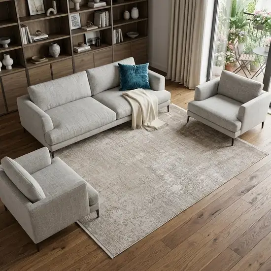 Tan Ivory And Gray Abstract Power Loom Distressed Area Rug With Fringe Photo 1