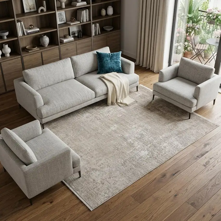 Tan Ivory And Gray Abstract Power Loom Distressed Area Rug With Fringe Photo 1