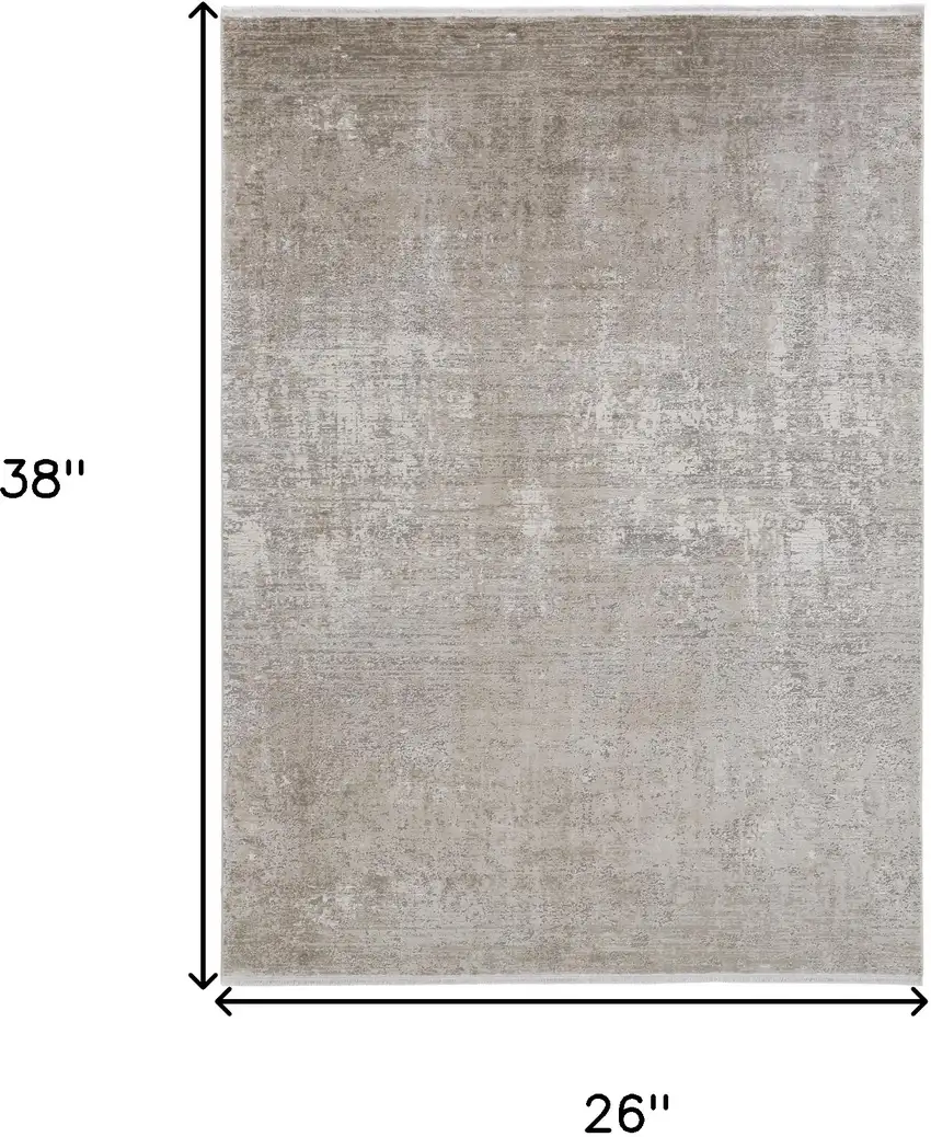 Tan and Ivory Abstract Power Loom Distressed Area Rug With Fringe Photo 3