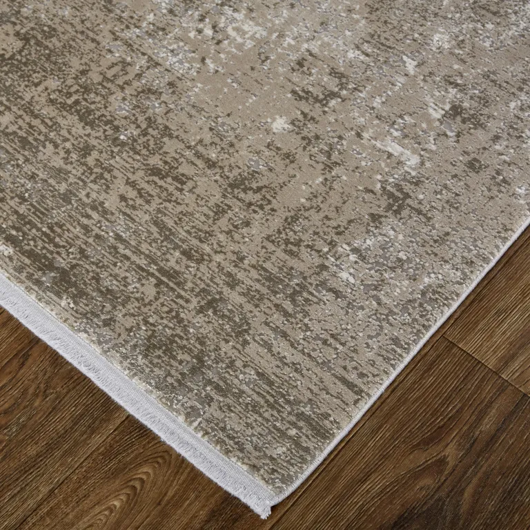 Tan Ivory And Gray Abstract Power Loom Distressed Area Rug With Fringe Photo 5