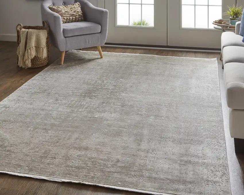 Tan and Ivory Abstract Power Loom Distressed Area Rug With Fringe Photo 8