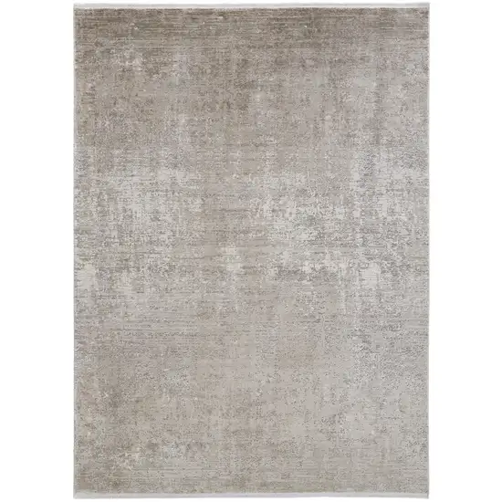 Tan and Ivory Abstract Power Loom Distressed Area Rug With Fringe Photo 2